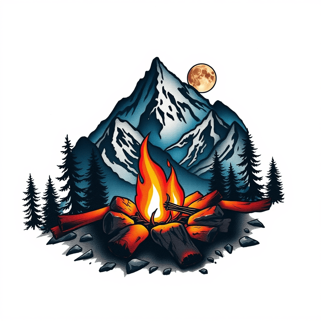 Forearm Tattoo Crackling Campfire In The Mountains At Night With A Moon