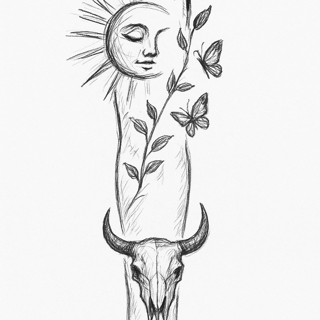 Sun On Elbow And Vines Going Around With Butterflies Near Vines With Bull Skull On Inner Fore Arm