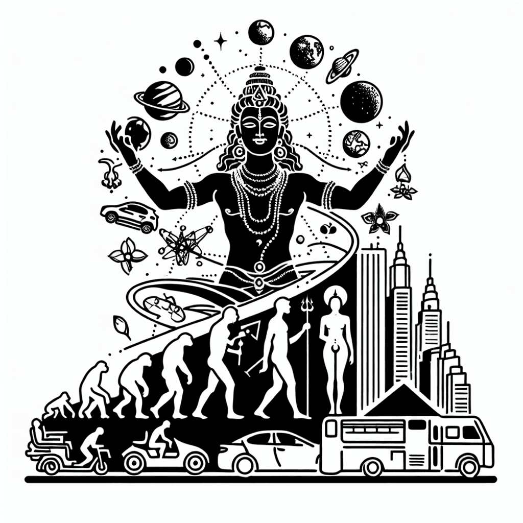 God Vishnu Detailed Dreaming Creation; Top: Planets, Human Evolution To Modernity With Electronics, Cars, Skyscrapers, Celestial Bodies, 7 Kundalini Chakras