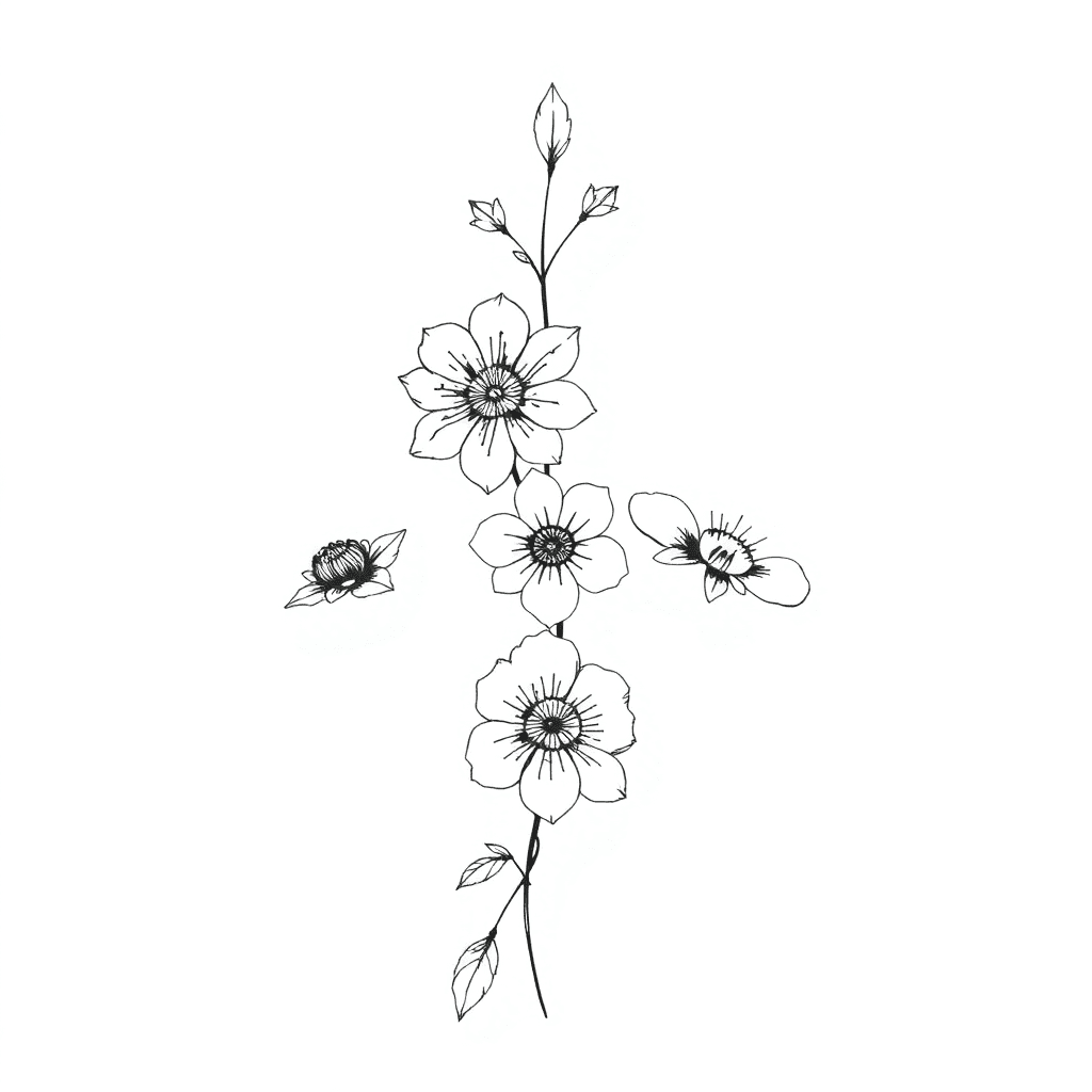 A Fine Line Black And White Tattoo Consisting Of The Birth Month Flowers For November, March, June, May And September In A Straight Up Down Design To Be Placed On Spine. Extra Leaves Are Okay
