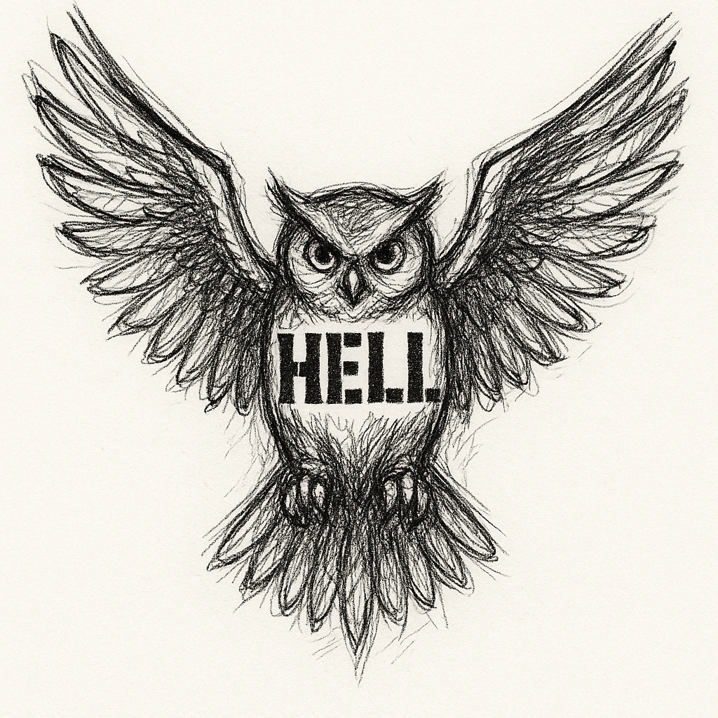 Owl With Wings Stretched Out And The Words Hell In The Middle