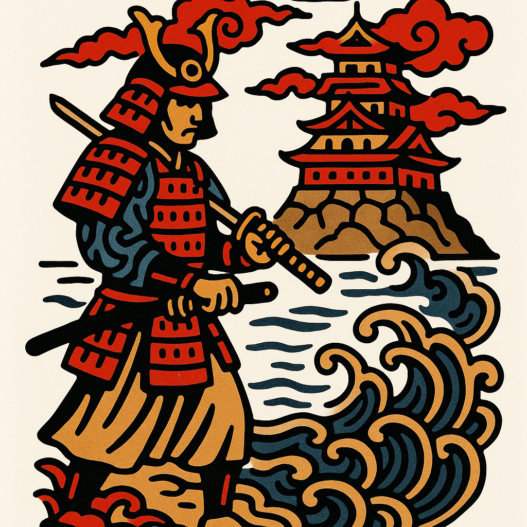 Samurai, A Orilla Del Mar Con Castillo Estilo Japones En El Fondo