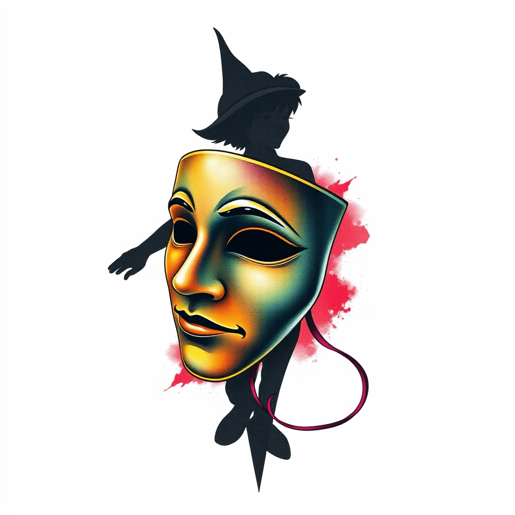 Theater Mask In Front Of A Shadow Of Oeter Pan