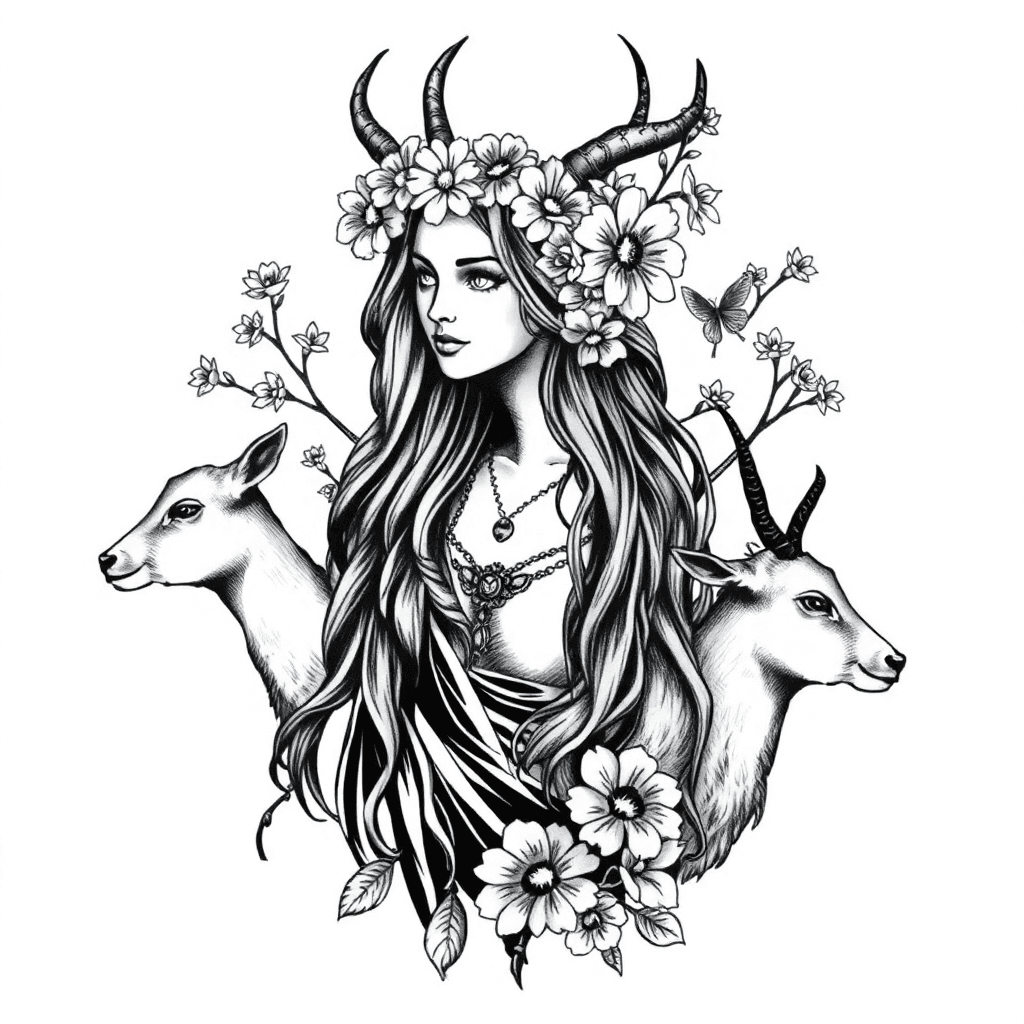 Gehörnte Göttin Ostara Mit Blumen Im Haar Und Stab, Umgeben Von Hasen