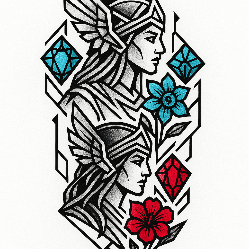 A Half Sleeve Black And Gray With Colour Accents Of Two Valkyries That Incorporates The Birthstone Colours And Flower For The Months Of March And July
