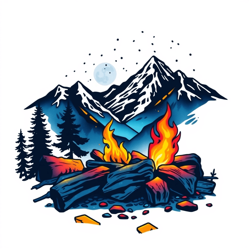 A Crackling Campfire In The Mountains At Night