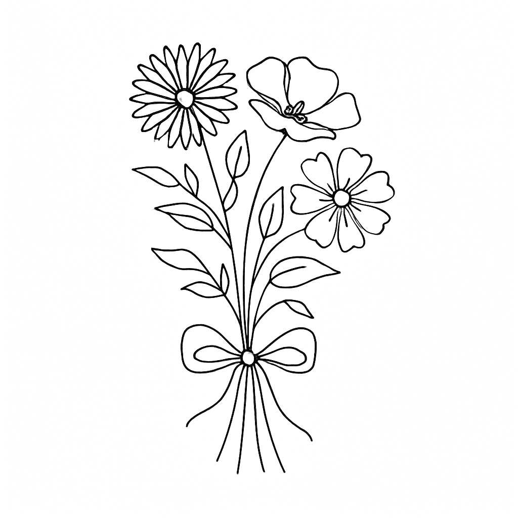 A Bouquet Of Aster, Poppy, And Cosmo Flower With Leaves And Vines Being Held Together By A Bow