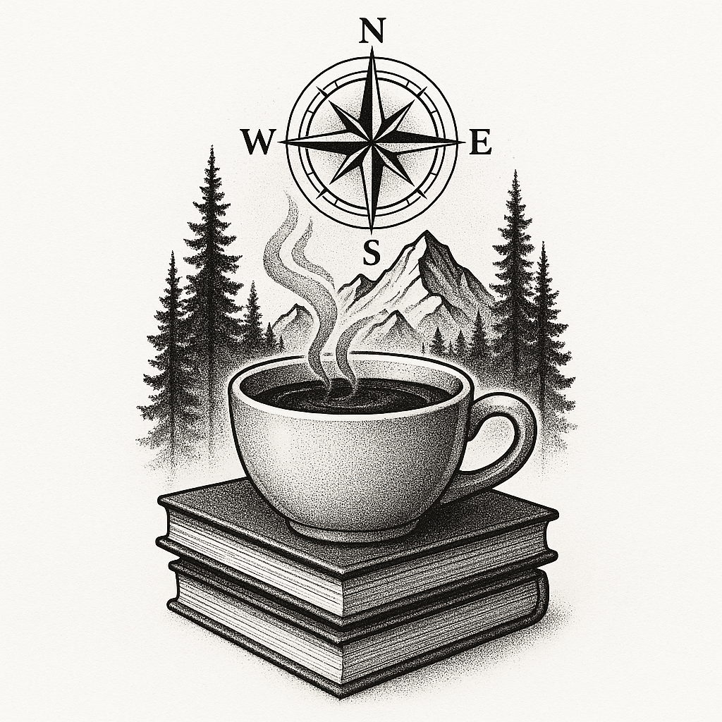 Coffee Cup With Books And Mountains, Compass Trees Surrounding