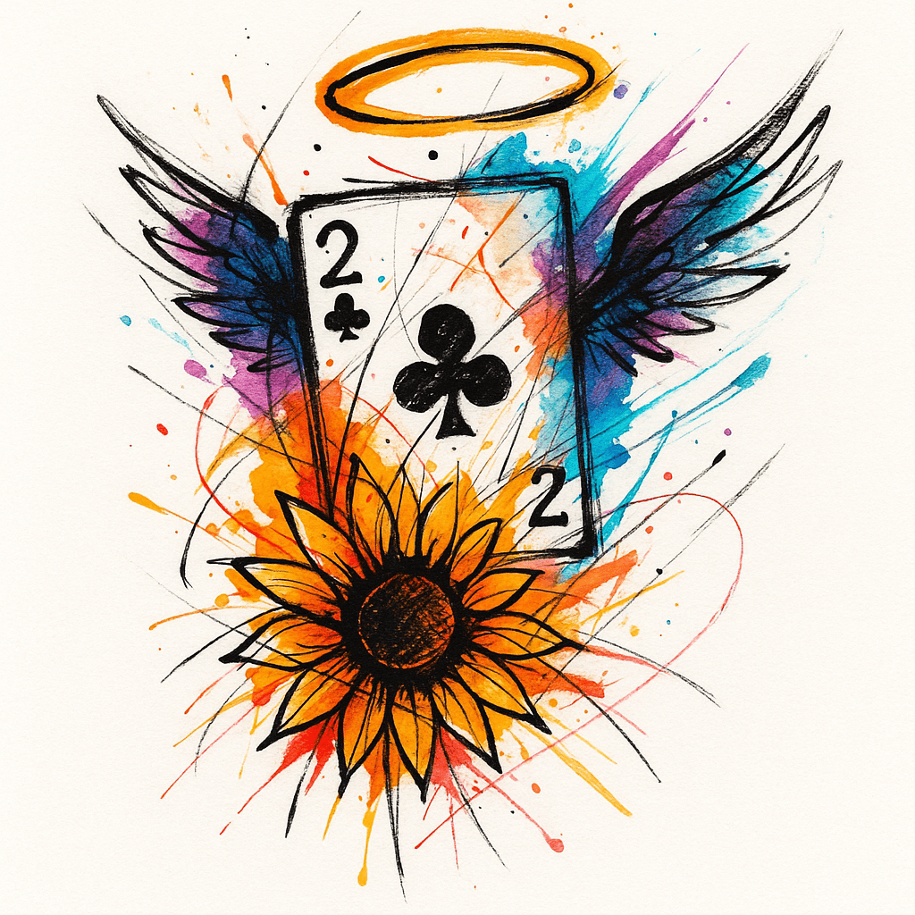 Tattoo Design Incorporating A 2 Of Clubs, Sunflower, Wings, Or Halo