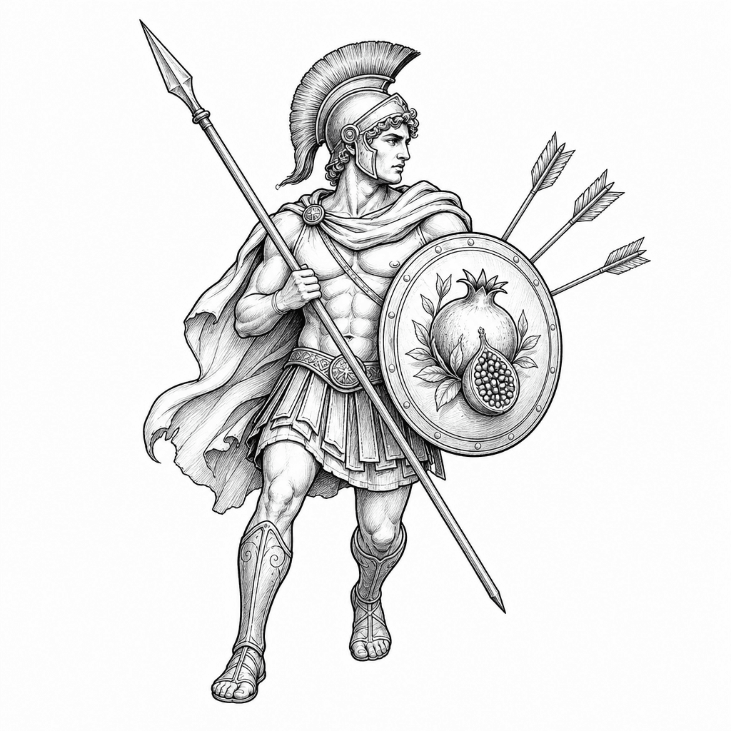 Achilles With Spear And Shield With Pomegranate And Arrows In The Background