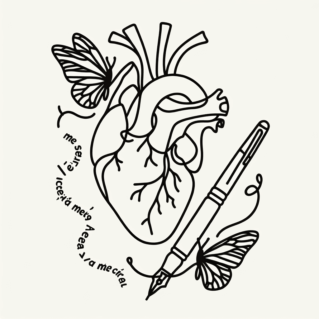 Anatomía De Un Corazón, Un Bolígrafo Y Mariposas Y Con Una Frase Que Diga “me Miras, De Cerca Me Miras, Cada Vez Más De Cerca”