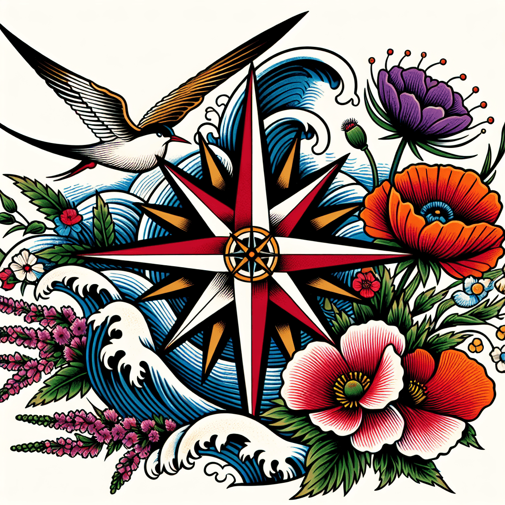Compass Rose With Flowers Around It. Sequoia Sprigs To The Northwest. Poppies To The Southwest. Waves All Around. Heather And Saxifrage East. Arctic Tern In The Background