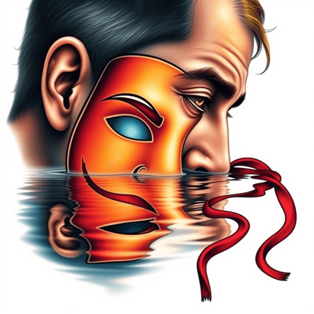 Man Looking In Water And The Reflection Is A Theater Mask