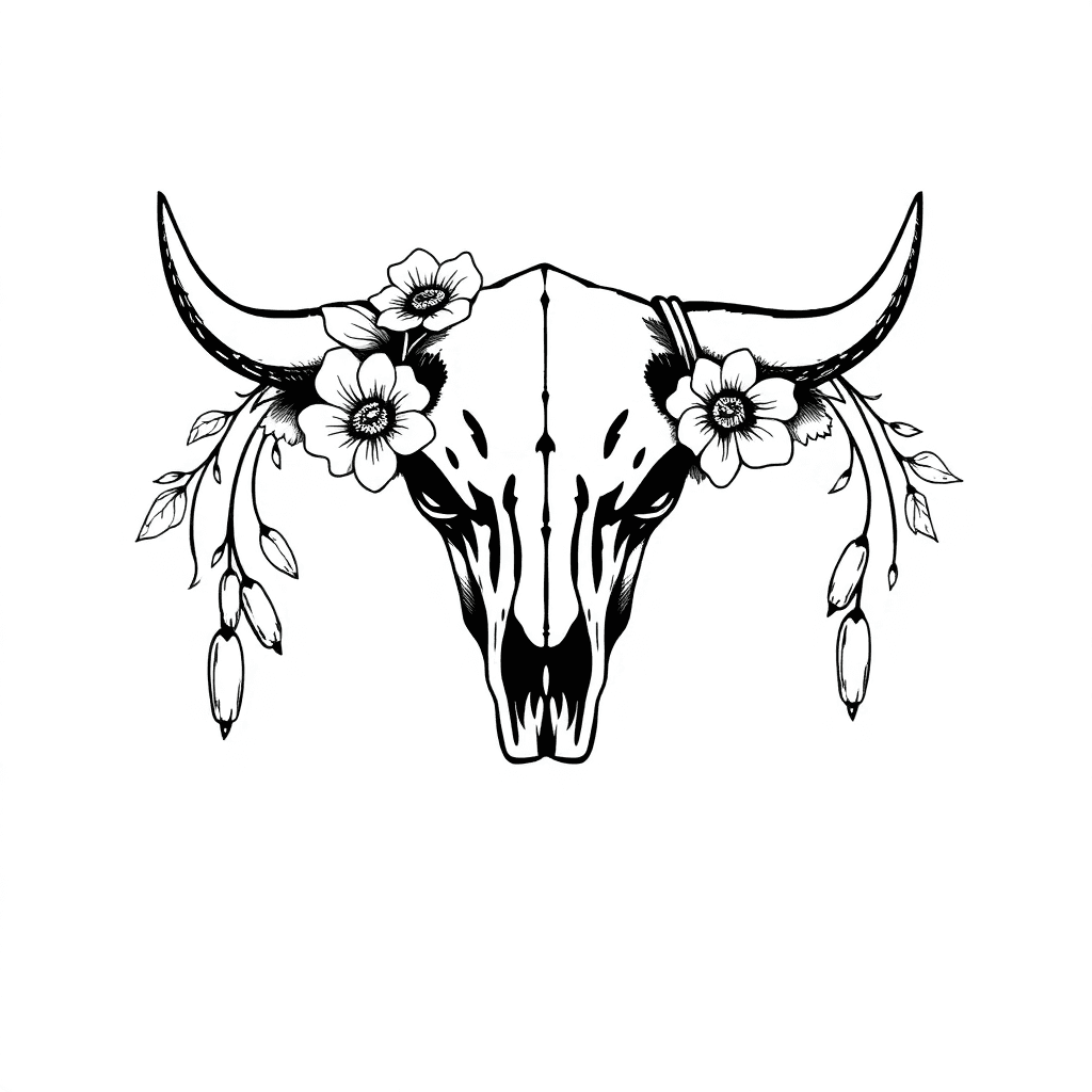 A Cow Skull With Elegant Flowers Around It And Beans Hanging From The Horns