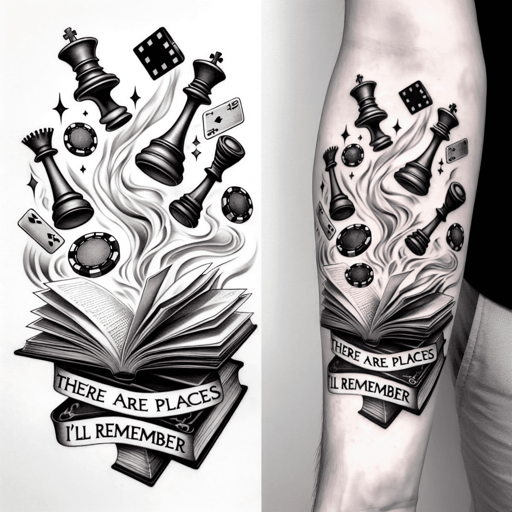 A Book Titled
"hiraeth" Opened With Poker Chips And Chess Pieces Magically Flying Upwards With Smoke And With The Words "there Are Places I'll Remember"on Forearm