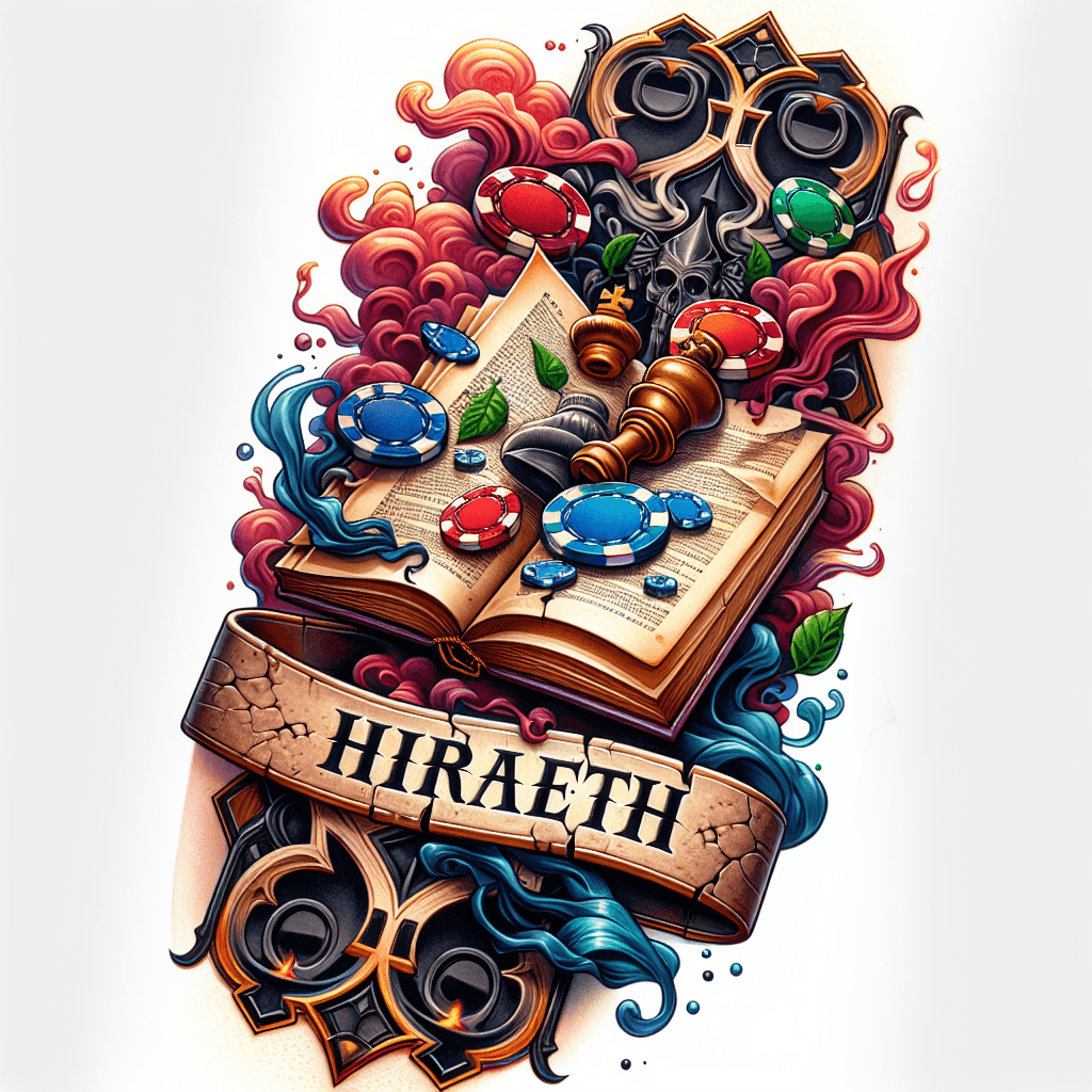 Forearm Tattoo Of An Open Book With Poker Chips And Chess Pieces Shooting Out With Smoke And Mist With “hiraeth” Carved In A Stone Banner And Framed With An Ornate Border