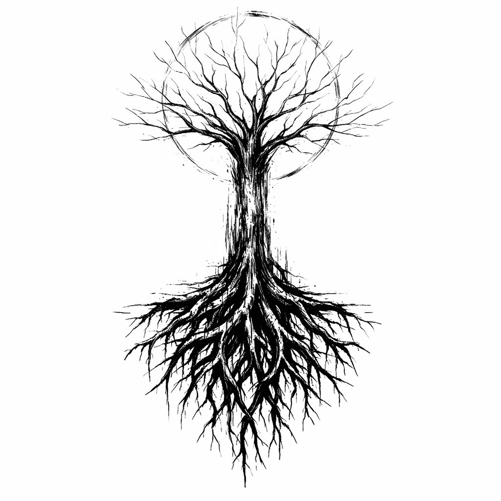 Tree Of Life Tattoo Design, Full Back Piece, Vertical Composition Centered On Spine, Black Ink, High Contrast, Highly Detailed Roots Transitioning To Minimal Abstract Branches.
roots: Dark, Realisti