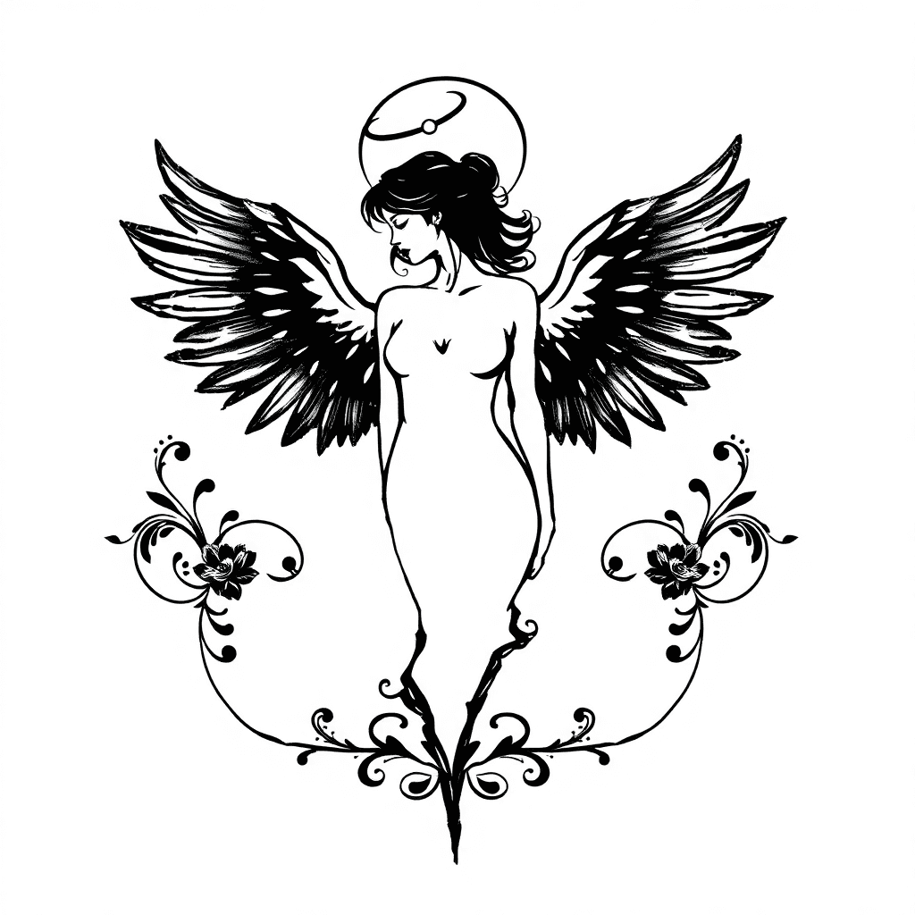 Designs A Tattoo Of The Silhouette Of A Woman With Angel Wings, Emerging From A Crack. In Blackwork Style With Ornaments