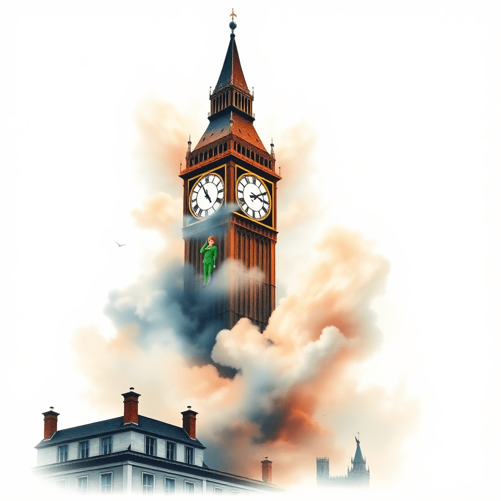Clock Tower And Peter Pan Surrounded By Clouds And Fog