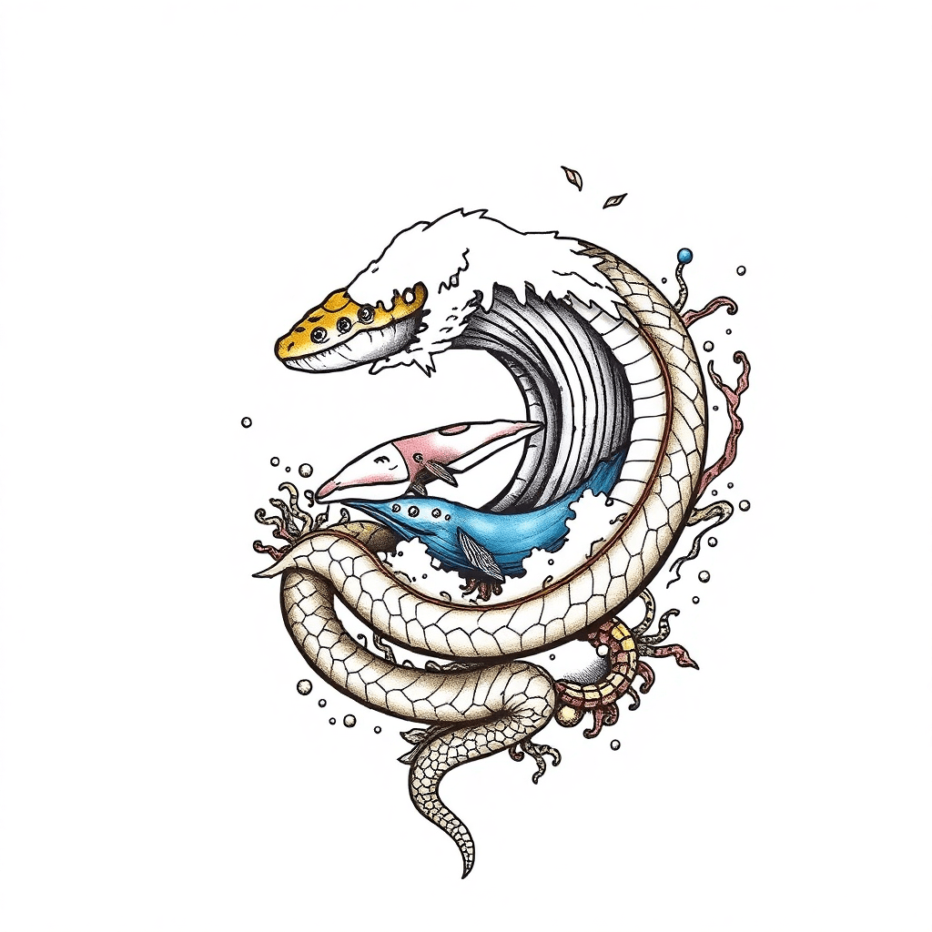 A Snake Wrap Around An Ocean Wave Like Oasis Underwater Ontop Of A Drift With Whales And Underwater Aquatic Nautical Things