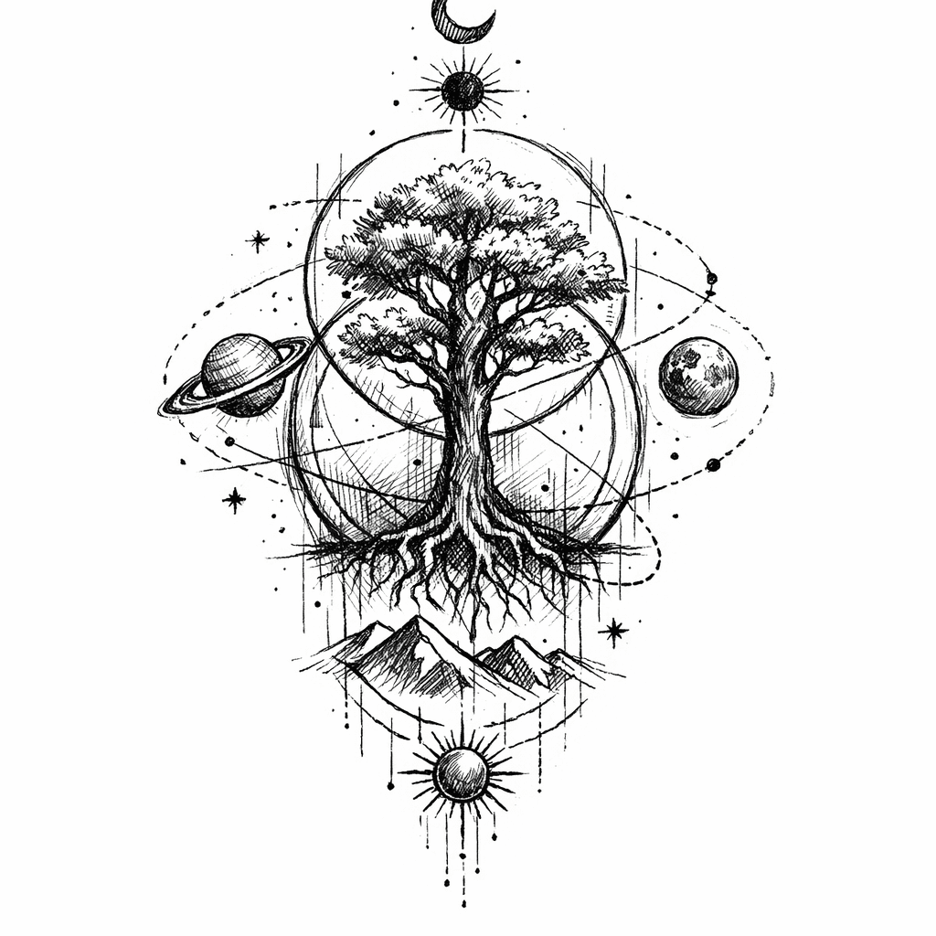 Fine Line Blackwork Tattoo Design, Vertical Composition, Sacred Geometry Mixed With Organic Elements, A Central Tree Growing Through Geometric Circles And Orbital Diagrams, Astronomical Elements Like