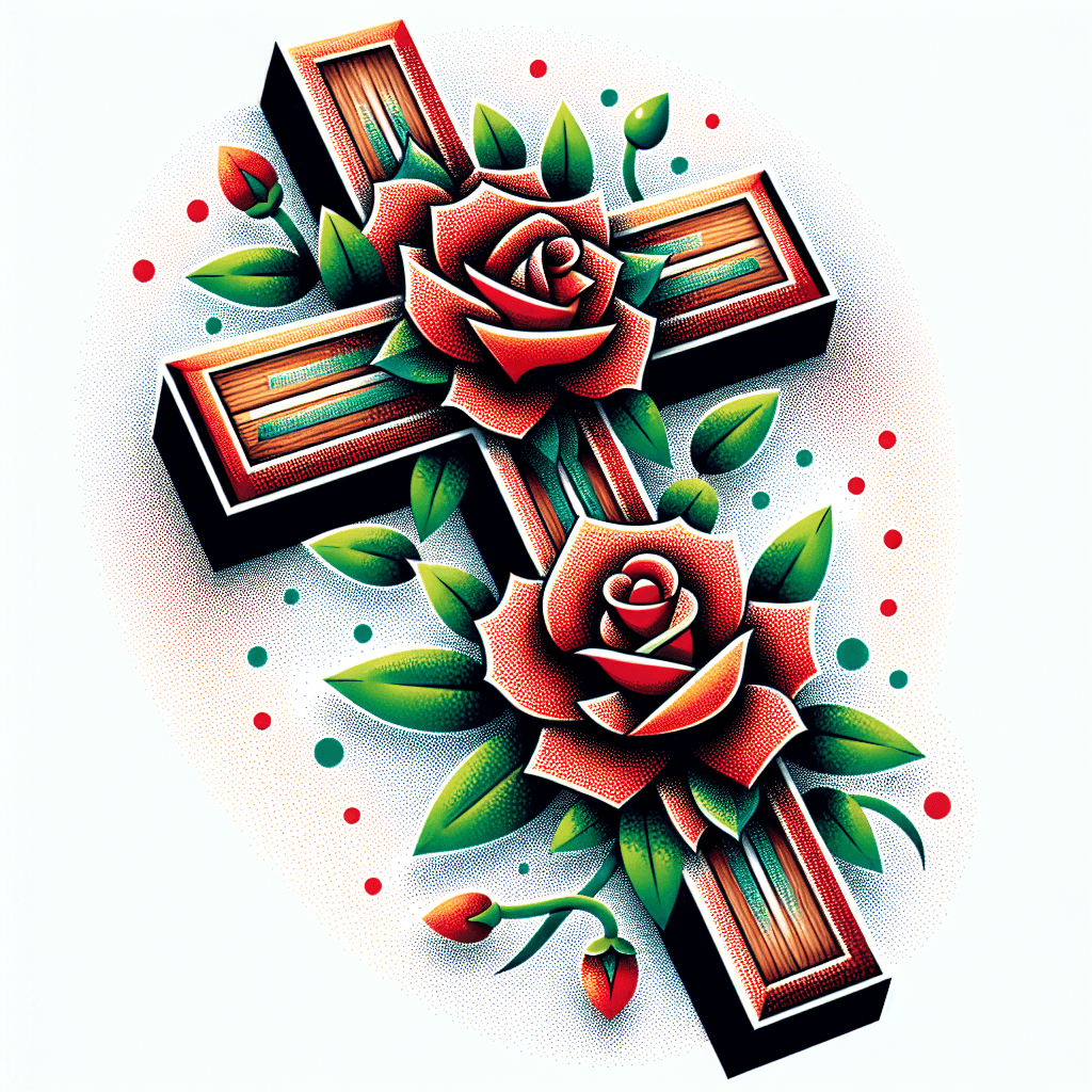 Simple Wooden Cross With Three Red Roses And Green Vines