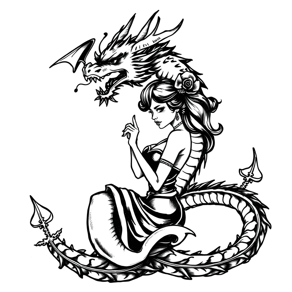 Dragon With Pinup Girl, Traditional Style