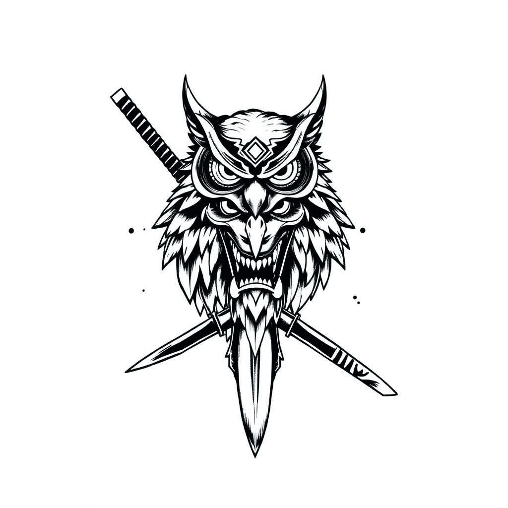 An Owl In Kami Style, With A Japanese Demon Mask And A Katana