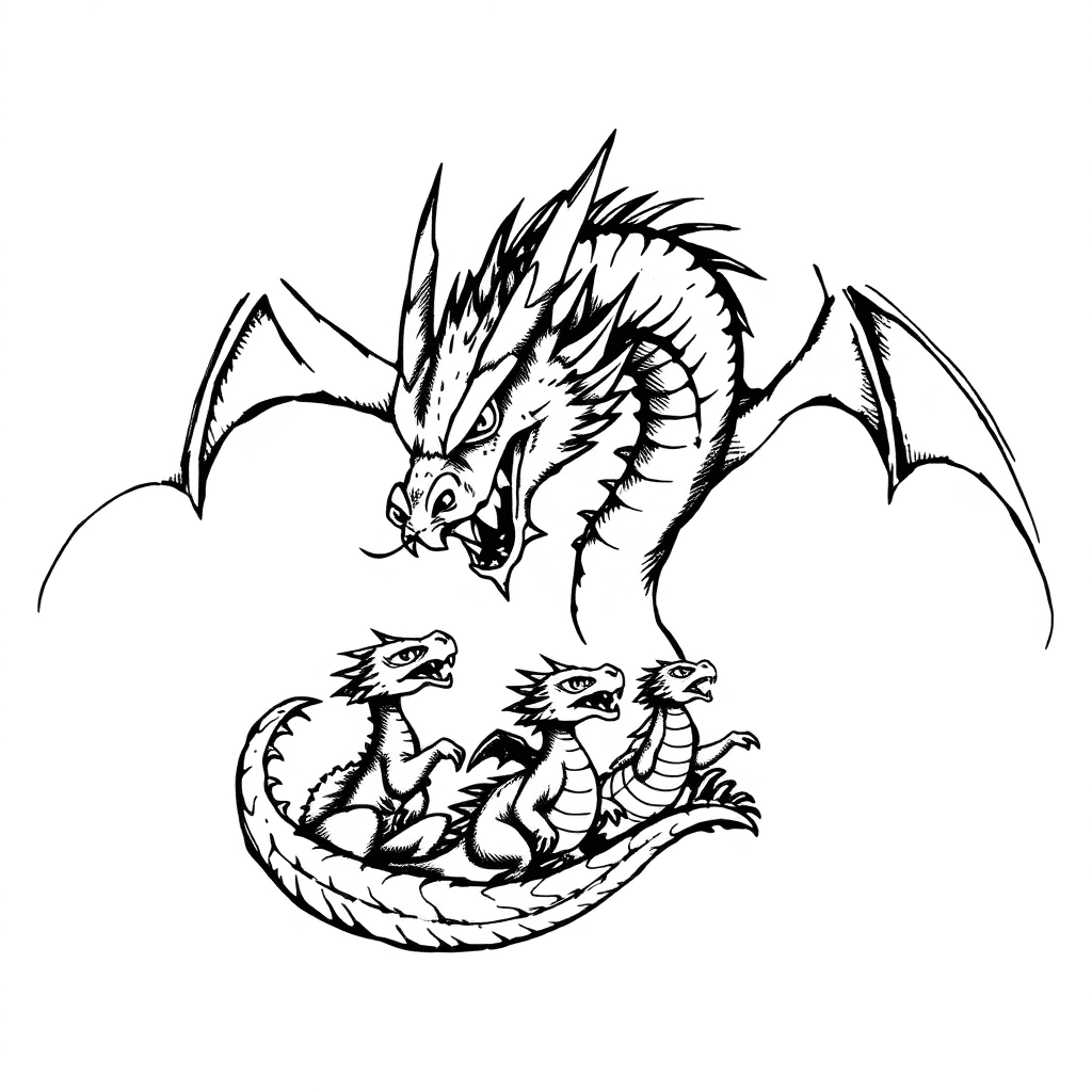 A Fierce Mother Dragon Protecting Two Small Dragon Babies