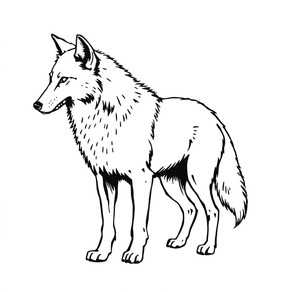 Woodcut Style. A White Wolf Is Standing At A Full Body Side Profile. The Ears Are Tilted Back. The Hairs Are Raised. The Tail Is Extended Out From The Body. The Teeth Are Barred.