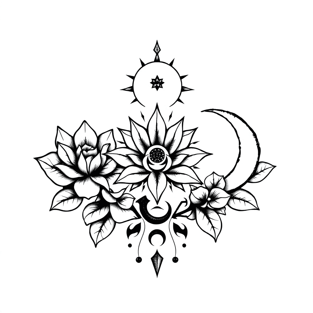 Sternum Tattoo With Lotus Flower Sun Star Crescent Moon