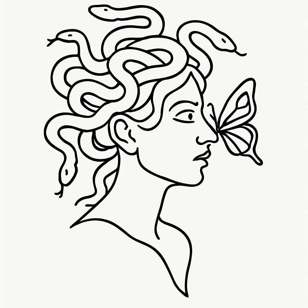 A Medusa Tattoo With Snakes In Her Hair And A Butterfly On Her Nose