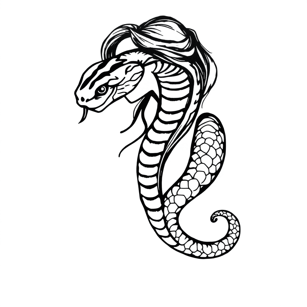Black-and-white Cobra Tattoo, Detailed Head, Minimal Fillers, Horizontal Wrap, Tail Near A Woman’s Head Tattoo.