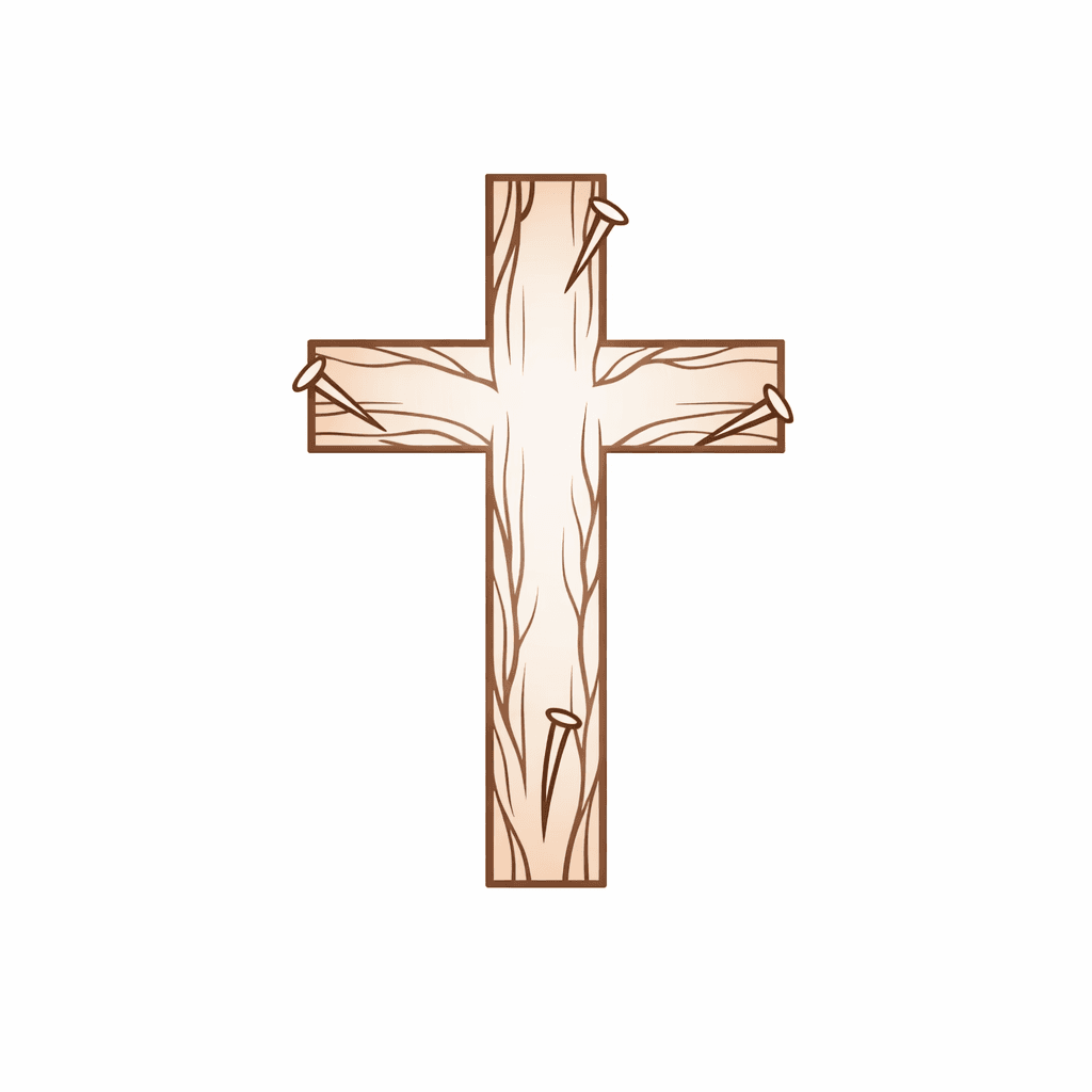 Hollow, Tree-textured Cross With A Soft Brown Outline And Abundant Natural Skin Tones Shining Through The Center, Creating A Light, Airy, Almost Transparent Effect. The Cross Has Subtle Nail Symbolism