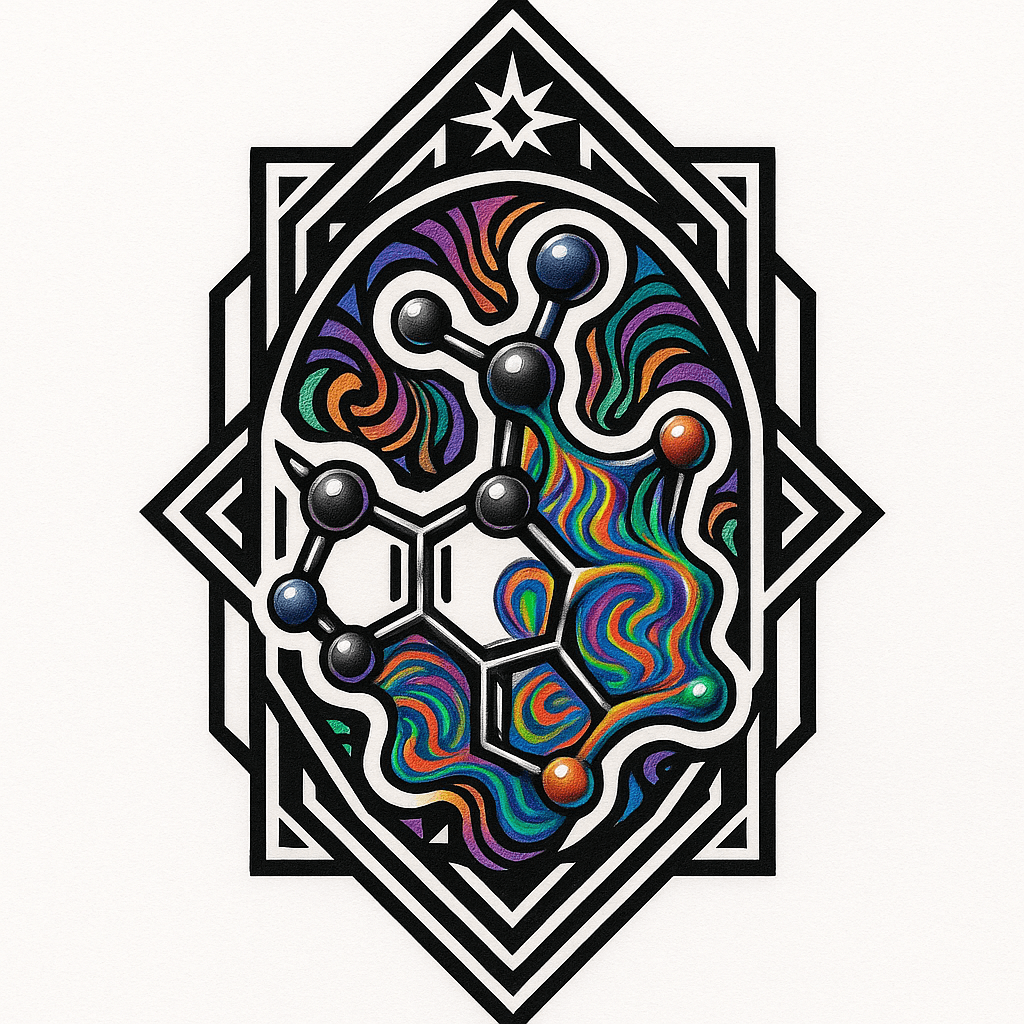 Create A Detailed Tattoo Design With The Lsd Molecule At The Center, Rendered In A 3d Style With Atoms As Glossy Orbs Connected By Swirling Bonds That Blend Into Psychedelic Patterns. Surround It With