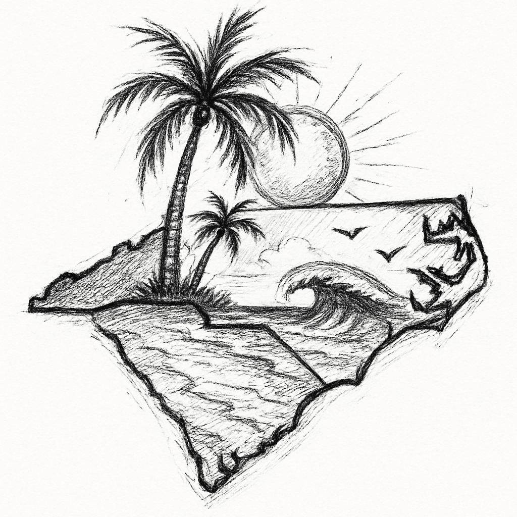 State Of North Carolina Outline With Beach Theme Around It