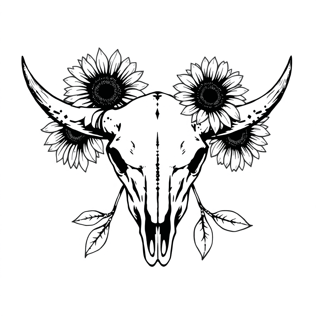 "a Rustic, Southern Punchy Half-sleeve Tattoo Design — Featuring A Weathered Cow Skull With Sunflowers