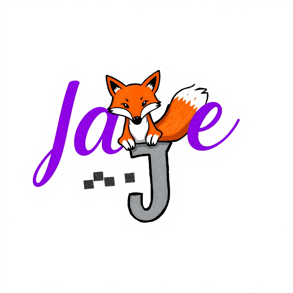 Jade Daughter Name In Purple A Color Cartoonish Fox Looking Over The Letter J. Black, Gray Checkerboard Under Name 1/4" Tall Length Of Name