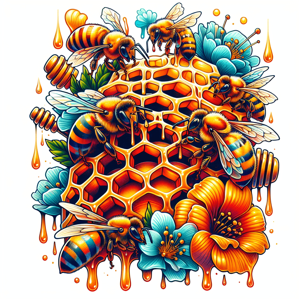 Honey Comb With Bees And Honey Dripping