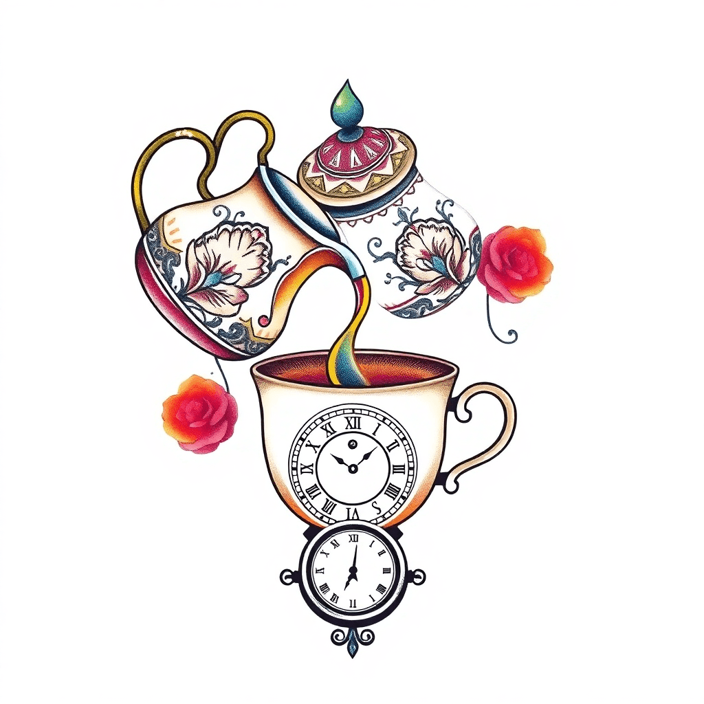 Decorative Tea Pot Pouring Into A Tea Cup. And A Stop Watch Below The Cup With Roman Numerals