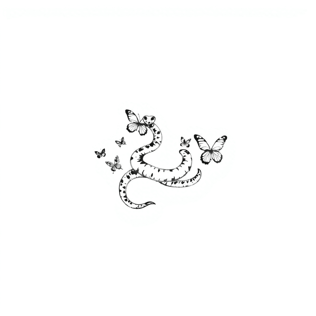 Already Have A Small Snake Surrounded By Five Small Butterflies On Top Of Forearm. Please Add Another Snake