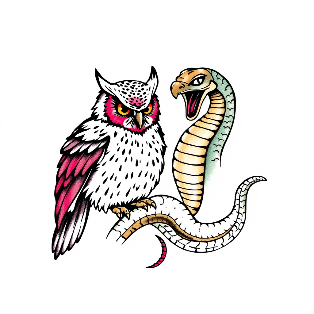 An Owl And Serpent Peacefully. Each One In Its Prime Stage.