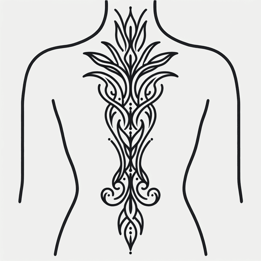 Single line "A tribal tattoo of an intricate and mysterious blackheart vine design,like a spinal column,from neck to buttock" Tattoo Design