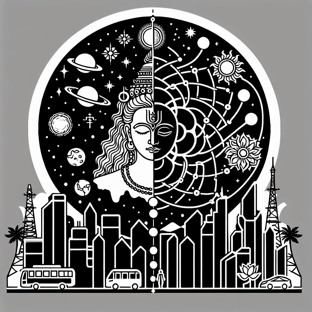 Single line "Half Vishnu dreaming cosmos; above: planets, chakras, evolution to modern life with technology, buildings, vehicles. Represents universe as Vishnu's dream. Symbolic and detailed" Tattoo Design