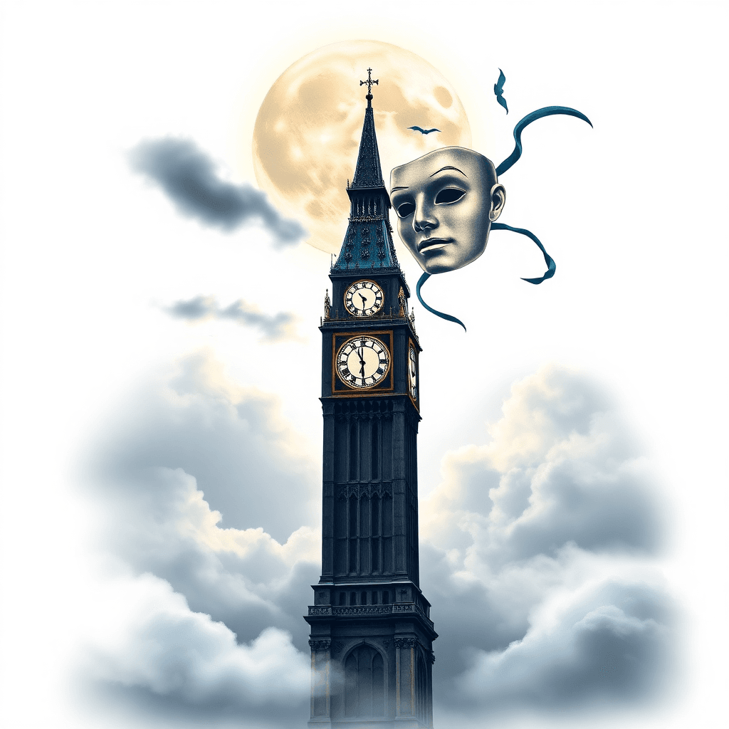 Clock Tower In Front Of Full Moon Woth Theater Mask With Peter Pan Flying Surrounded By Clouds And Fog