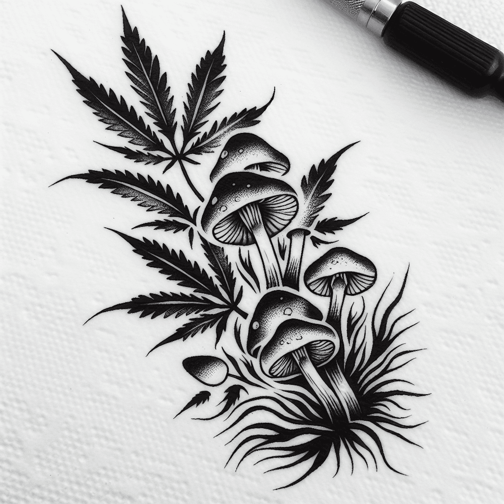 Marijuana Leaves With Psychedelic Mushrooms
