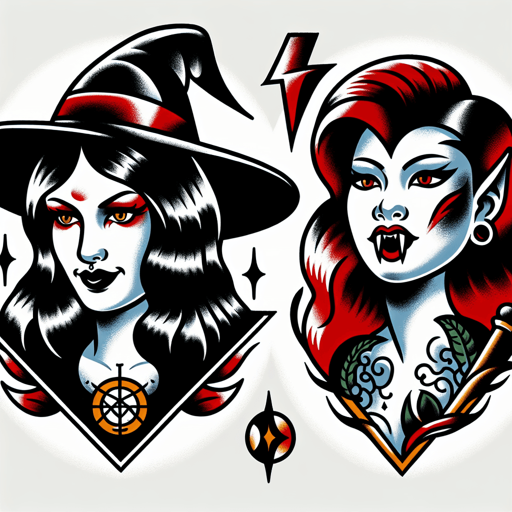 Traditional "a witch and vampire woman" Tattoo Design