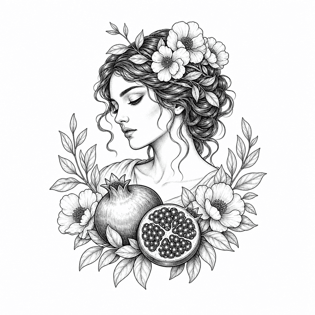 Sketch "Persephone pomegranate and flowers" Tattoo Design