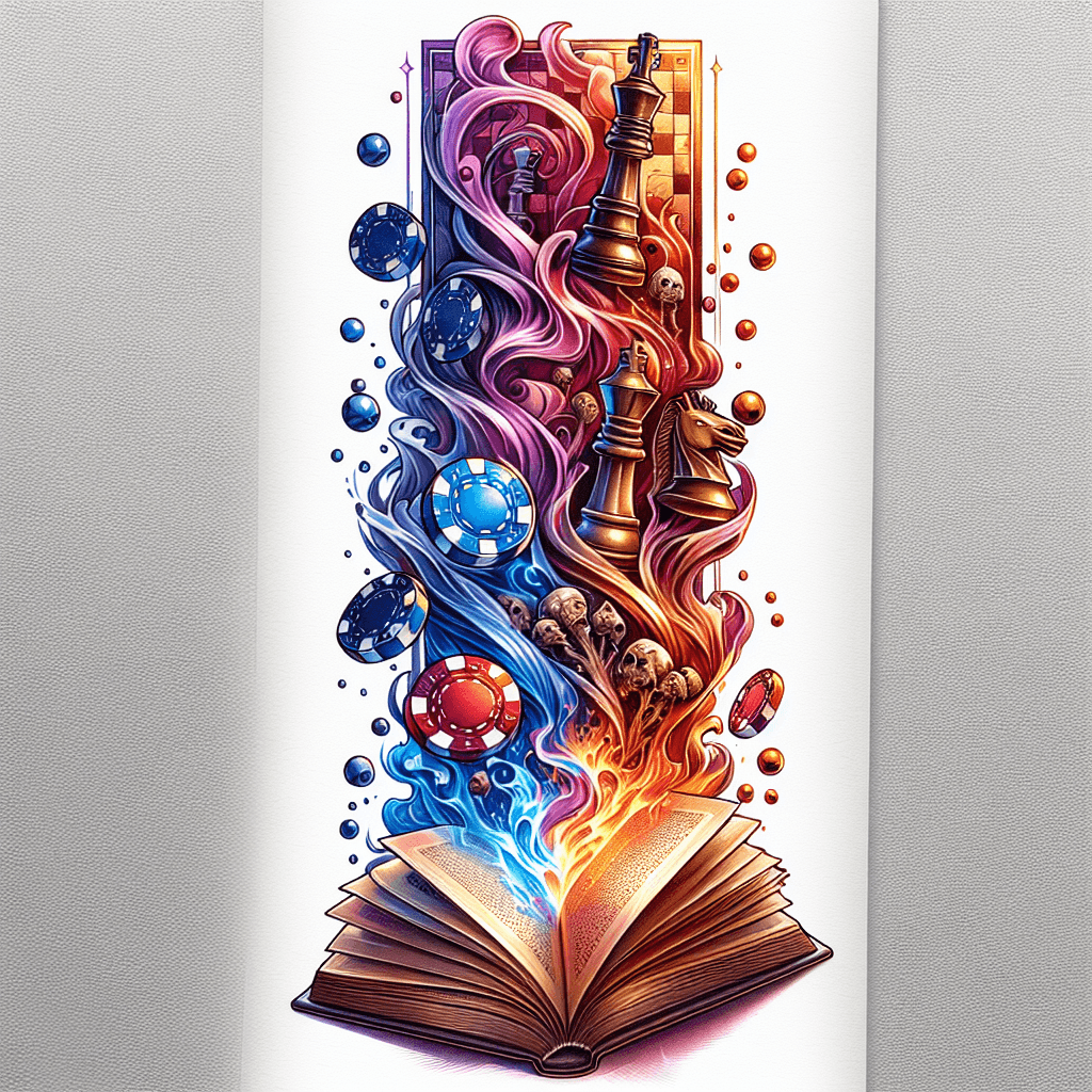 An Open Book With Poker Chips And Chess Pieces Coming To Life From Its Pages With Smoke And Fire